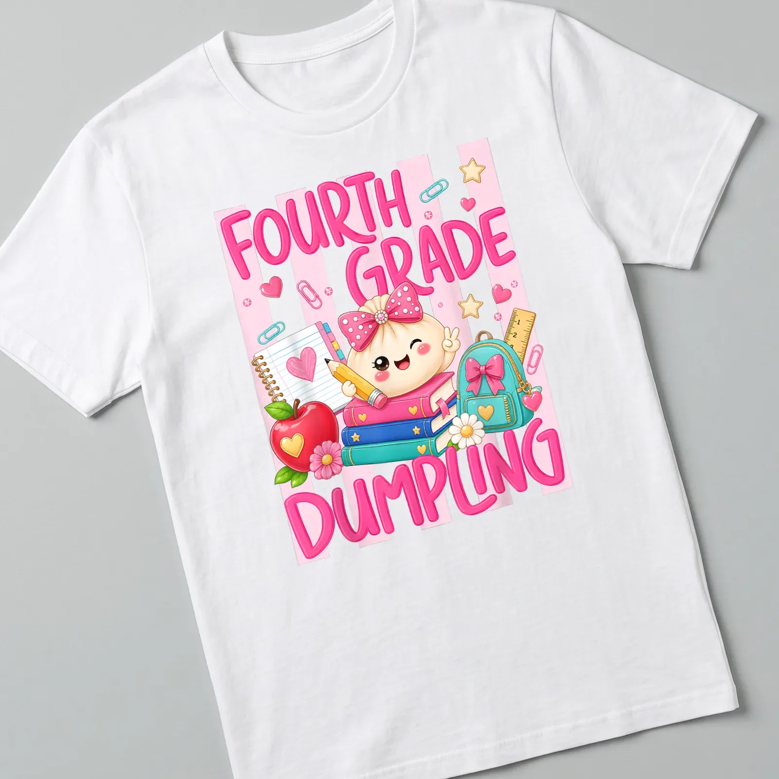Kawaii style t-shirt with a cute dumpling and school supplies illustration — printed on a unisex t-shirt