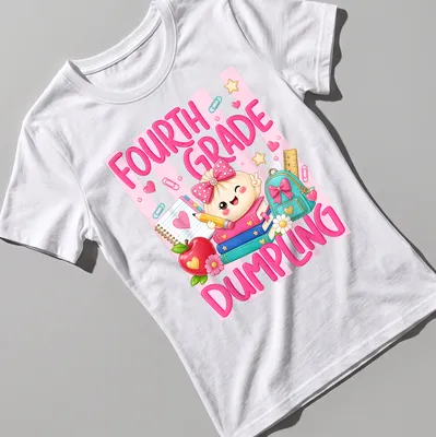 Kawaii style t-shirt with a cute dumpling and school supplies illustration — printed on a women's shirt