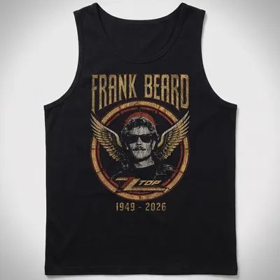 Vintage retro tribute to Frank Beard with bold text and rock colors — printed on a tank top