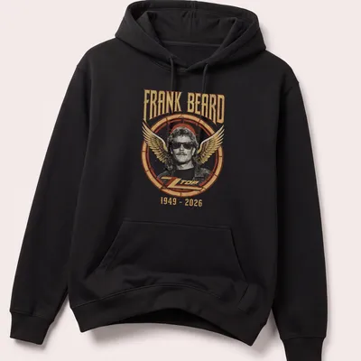 Vintage retro tribute to Frank Beard with bold text and rock colors — printed on a unisex hoodie