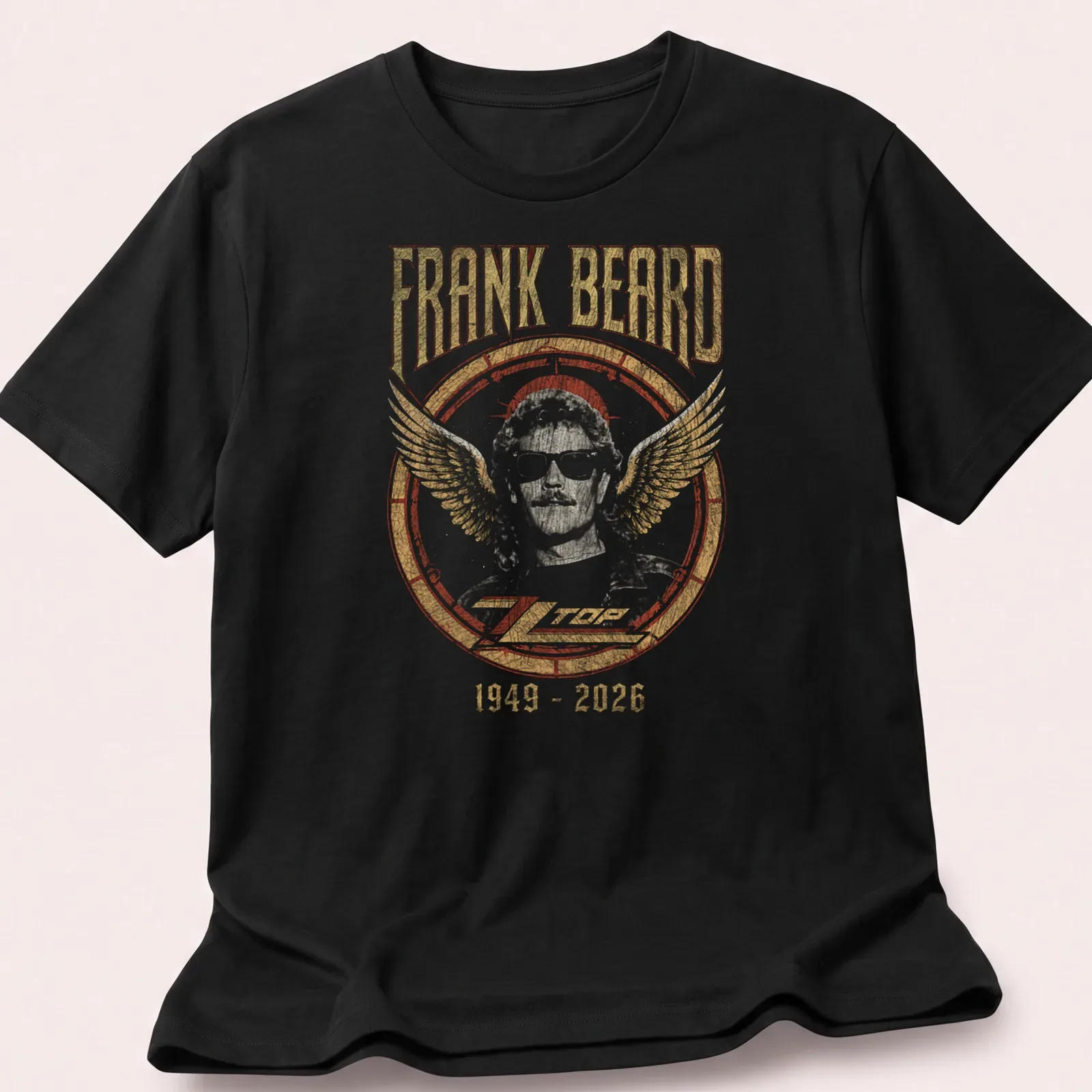 Vintage retro tribute to Frank Beard with bold text and rock colors — printed on a unisex t-shirt