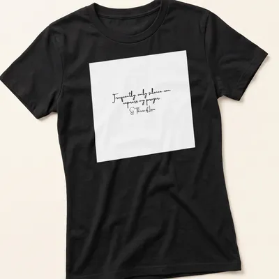 Elegant script T-shirt with St. Therese of Lisieux quote about silence in prayer — printed on a women's shirt