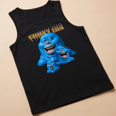 Glossy print of a blue blob character with the text 'FUNKY EHH' in playful lettering — printed on a tank top