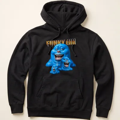 Glossy print of a blue blob character with the text 'FUNKY EHH' in playful lettering — printed on a unisex hoodie