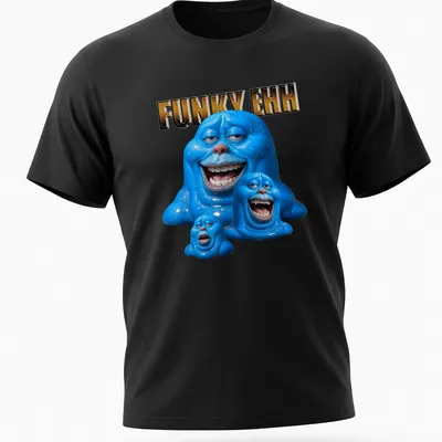 Glossy print of a blue blob character with the text 'FUNKY EHH' in playful lettering