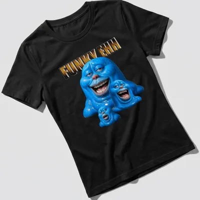 Glossy print of a blue blob character with the text 'FUNKY EHH' in playful lettering — printed on a women's shirt
