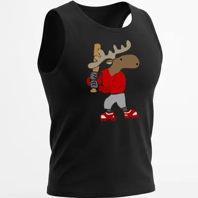 Cartoon moose swinging a baseball bat with playful text above — printed on a tank top
