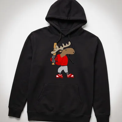 Cartoon moose swinging a baseball bat with playful text above — printed on a unisex hoodie