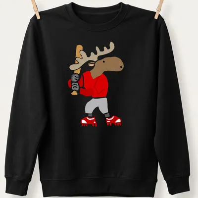 Cartoon moose swinging a baseball bat with playful text above — printed on a unisex sweatshirt