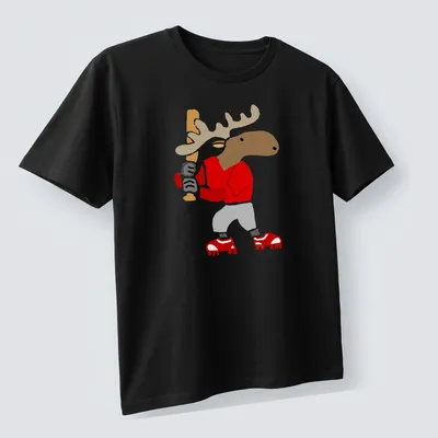 Cartoon moose swinging a baseball bat with playful text above — printed on a unisex t-shirt (angled view)