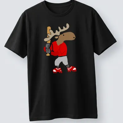 Cartoon moose swinging a baseball bat with playful text above