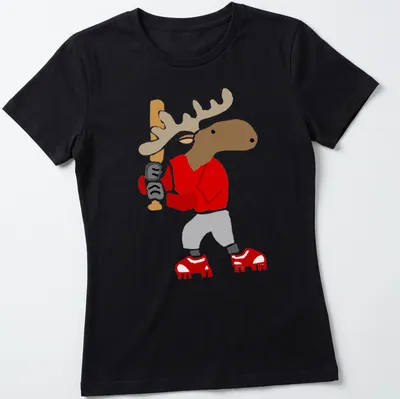 Cartoon moose swinging a baseball bat with playful text above — printed on a women's shirt