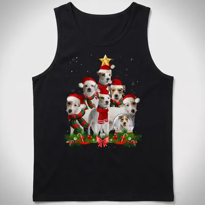 Realistic print of Parson Russell Terrier dogs with a Christmas tree — printed on a tank top