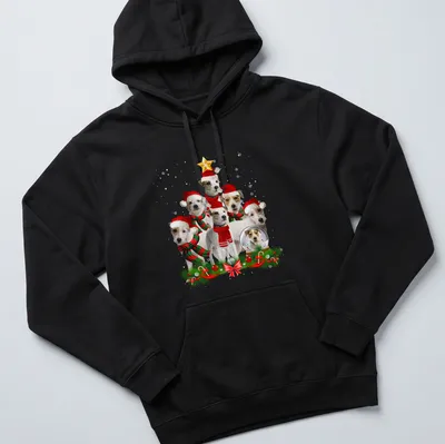 Realistic print of Parson Russell Terrier dogs with a Christmas tree — printed on a unisex hoodie