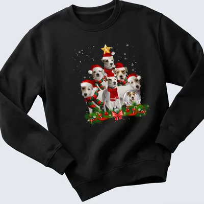 Realistic print of Parson Russell Terrier dogs with a Christmas tree — printed on a unisex sweatshirt