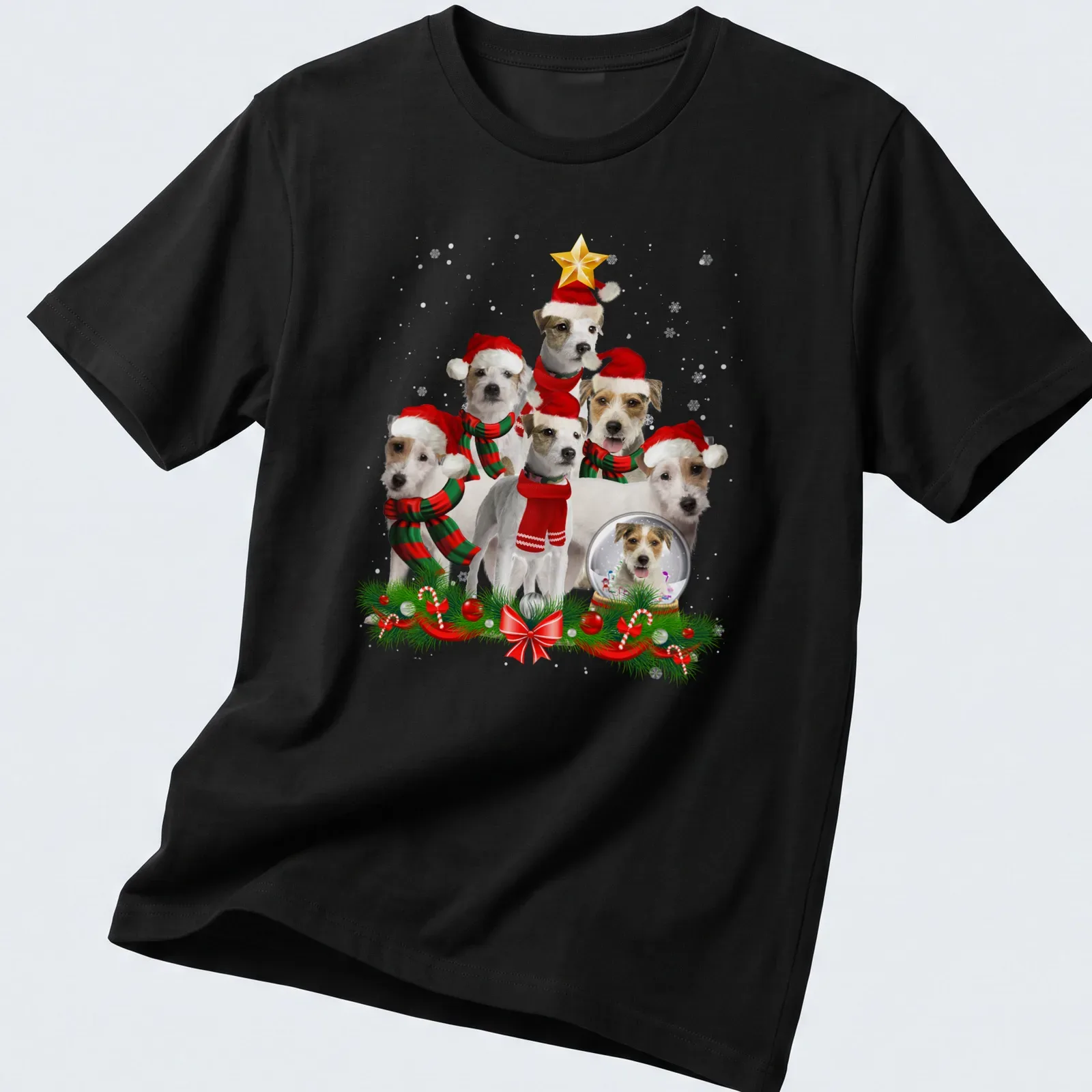 Realistic print of Parson Russell Terrier dogs with a Christmas tree — printed on a unisex t-shirt