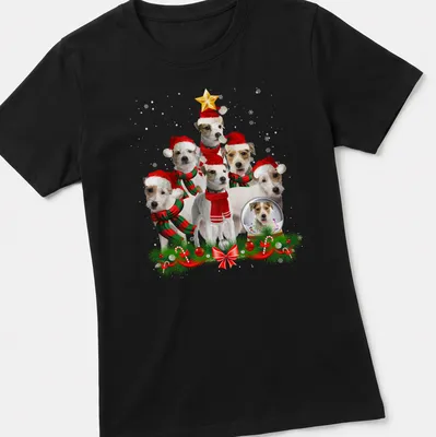 Realistic print of Parson Russell Terrier dogs with a Christmas tree — printed on a women's shirt