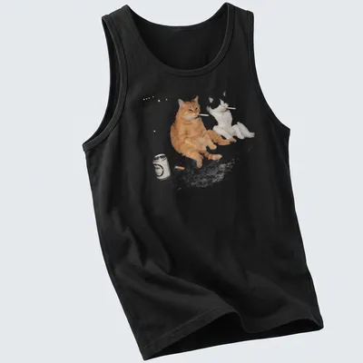 Vintage meme style t-shirt featuring an orange tabby cat smoking and drinking beer — printed on a tank top