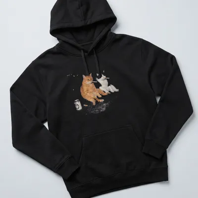 Vintage meme style t-shirt featuring an orange tabby cat smoking and drinking beer — printed on a unisex hoodie