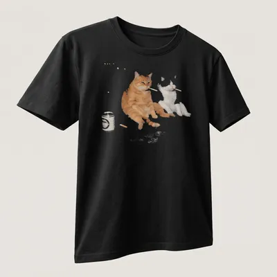 Vintage meme style t-shirt featuring an orange tabby cat smoking and drinking beer — printed on a unisex t-shirt (angled view)