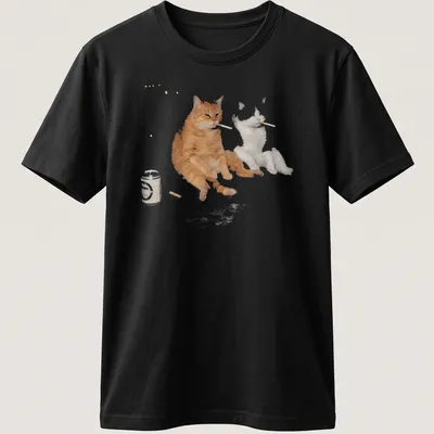 Vintage meme style t-shirt featuring an orange tabby cat smoking and drinking beer