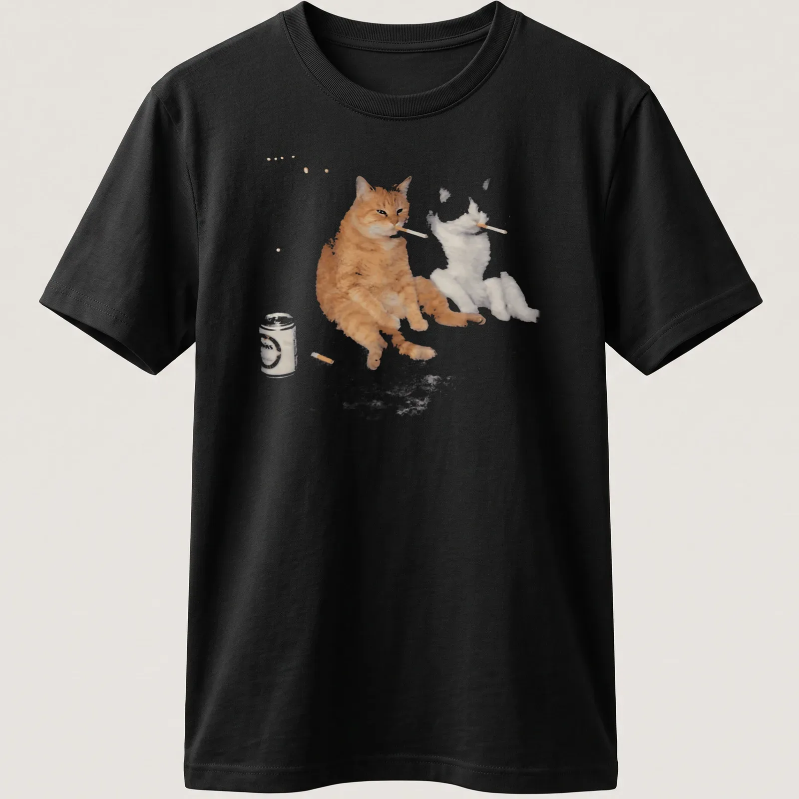 Vintage meme style t-shirt featuring an orange tabby cat smoking and drinking beer — printed on a unisex t-shirt