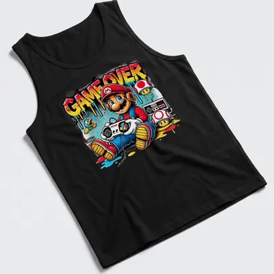 Street graffiti art of Mario with gaming controller and GAME OVER text — printed on a tank top