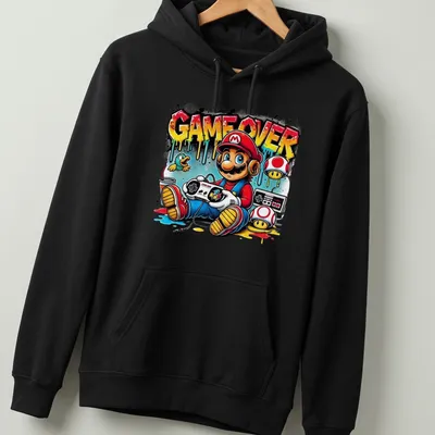 Street graffiti art of Mario with gaming controller and GAME OVER text — printed on a unisex hoodie