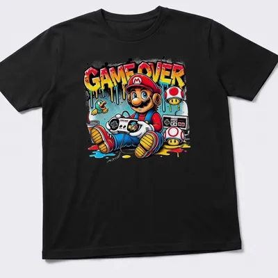 Street graffiti art of Mario with gaming controller and GAME OVER text