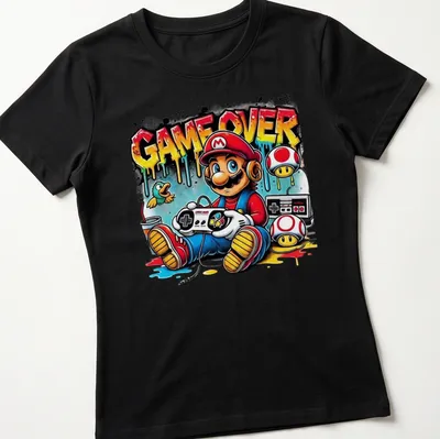 Street graffiti art of Mario with gaming controller and GAME OVER text — printed on a women's shirt