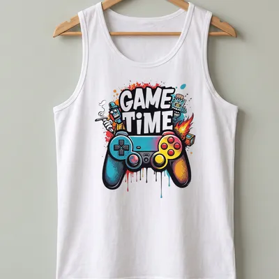 Colorful gaming controller with cartoon characters and 'GAME TIME' text — printed on a tank top