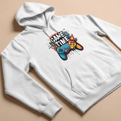 Colorful gaming controller with cartoon characters and 'GAME TIME' text — printed on a unisex hoodie