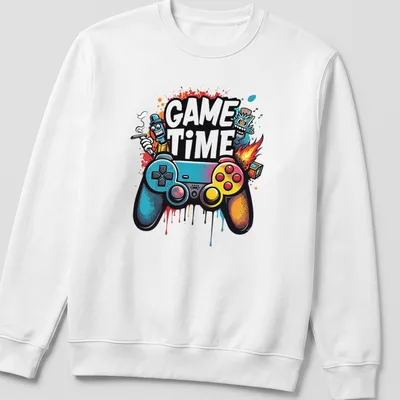 Colorful gaming controller with cartoon characters and 'GAME TIME' text — printed on a unisex sweatshirt