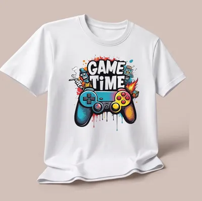 Colorful gaming controller with cartoon characters and 'GAME TIME' text — printed on a unisex t-shirt (angled view)