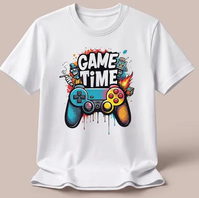Colorful gaming controller with cartoon characters and 'GAME TIME' text — printed on a unisex t-shirt