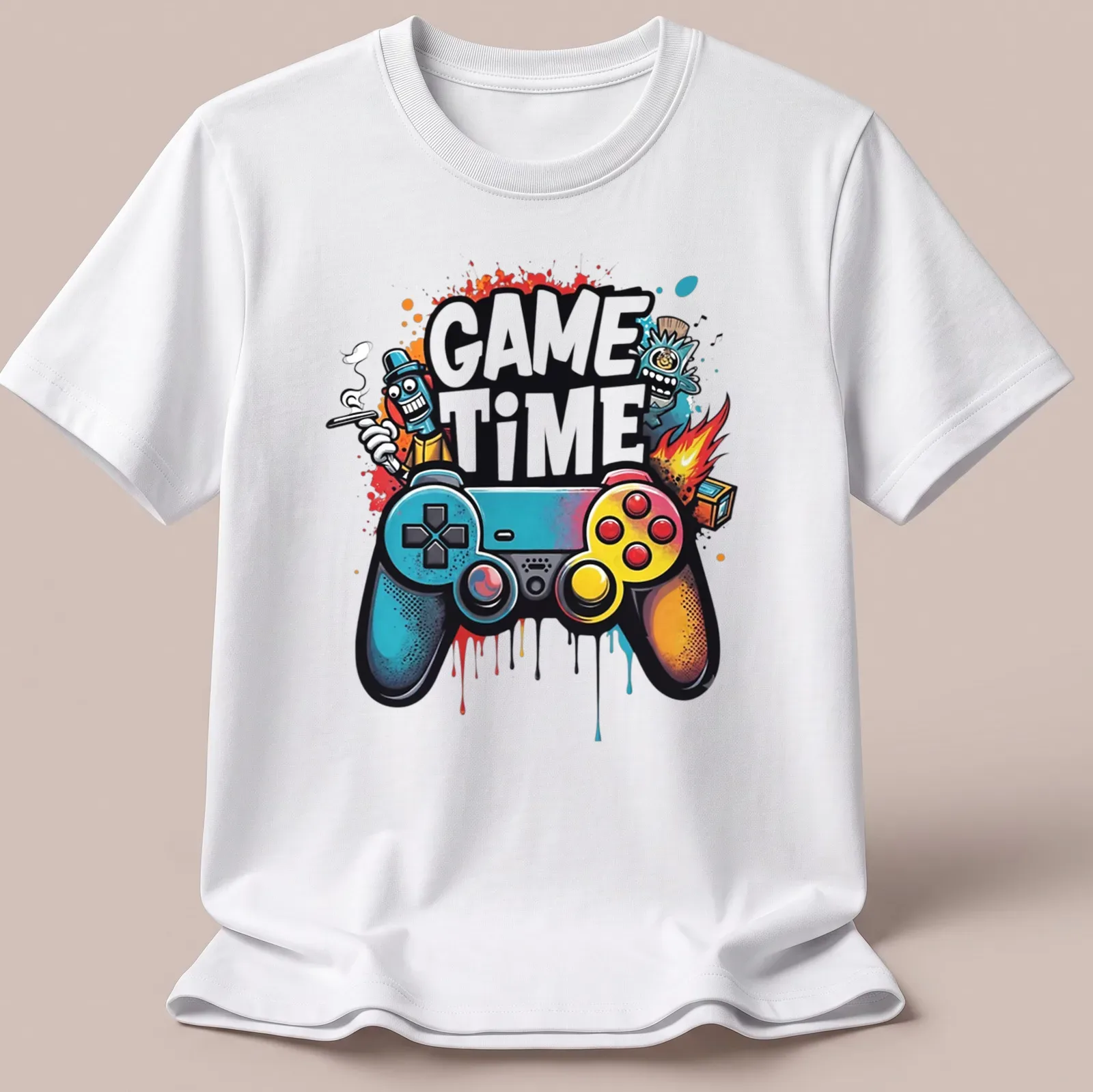 Colorful gaming controller with cartoon characters and 'GAME TIME' text — printed on a unisex t-shirt