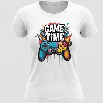 Colorful gaming controller with cartoon characters and 'GAME TIME' text — printed on a women's shirt