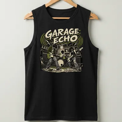 Vintage illustration of a garage band with 'GARAGE ECHO' text in black, green, beige, and brown — printed on a tank top