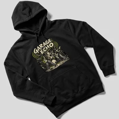 Vintage illustration of a garage band with 'GARAGE ECHO' text in black, green, beige, and brown — printed on a unisex hoodie