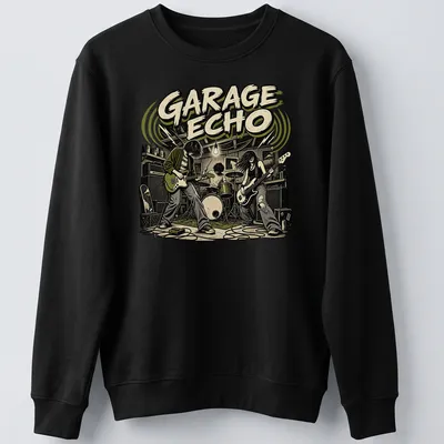 Vintage illustration of a garage band with 'GARAGE ECHO' text in black, green, beige, and brown — printed on a unisex sweatshirt
