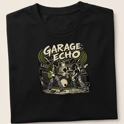 Vintage illustration of a garage band with 'GARAGE ECHO' text in black, green, beige, and brown