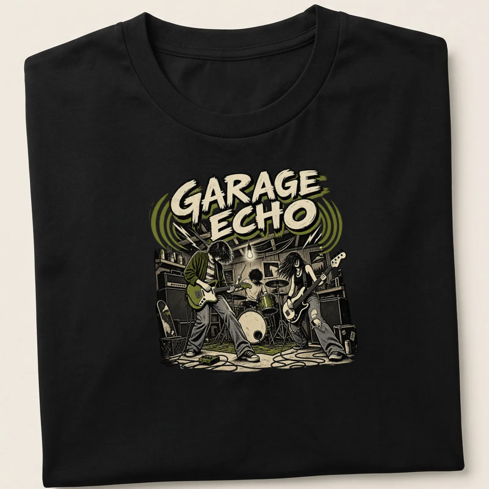 Vintage illustration of a garage band with 'GARAGE ECHO' text in black, green, beige, and brown — printed on a unisex t-shirt