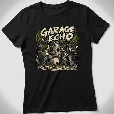 Vintage illustration of a garage band with 'GARAGE ECHO' text in black, green, beige, and brown — printed on a women's shirt