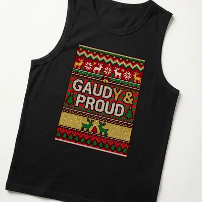 Gaudy Christmas reindeer t-shirt with colorful text and festive design — printed on a tank top