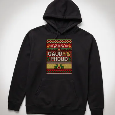 Gaudy Christmas reindeer t-shirt with colorful text and festive design — printed on a unisex hoodie