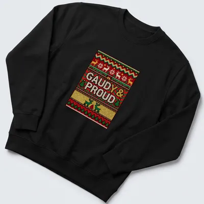 Gaudy Christmas reindeer t-shirt with colorful text and festive design — printed on a unisex sweatshirt