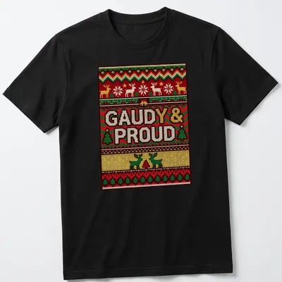 Gaudy Christmas reindeer t-shirt with colorful text and festive design