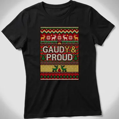 Gaudy Christmas reindeer t-shirt with colorful text and festive design — printed on a women's shirt