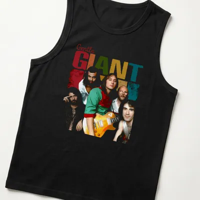 Vintage T-shirt featuring Gentle Giant band members in vibrant colors — printed on a tank top