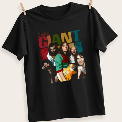 Vintage T-shirt featuring Gentle Giant band members in vibrant colors — printed on a unisex t-shirt